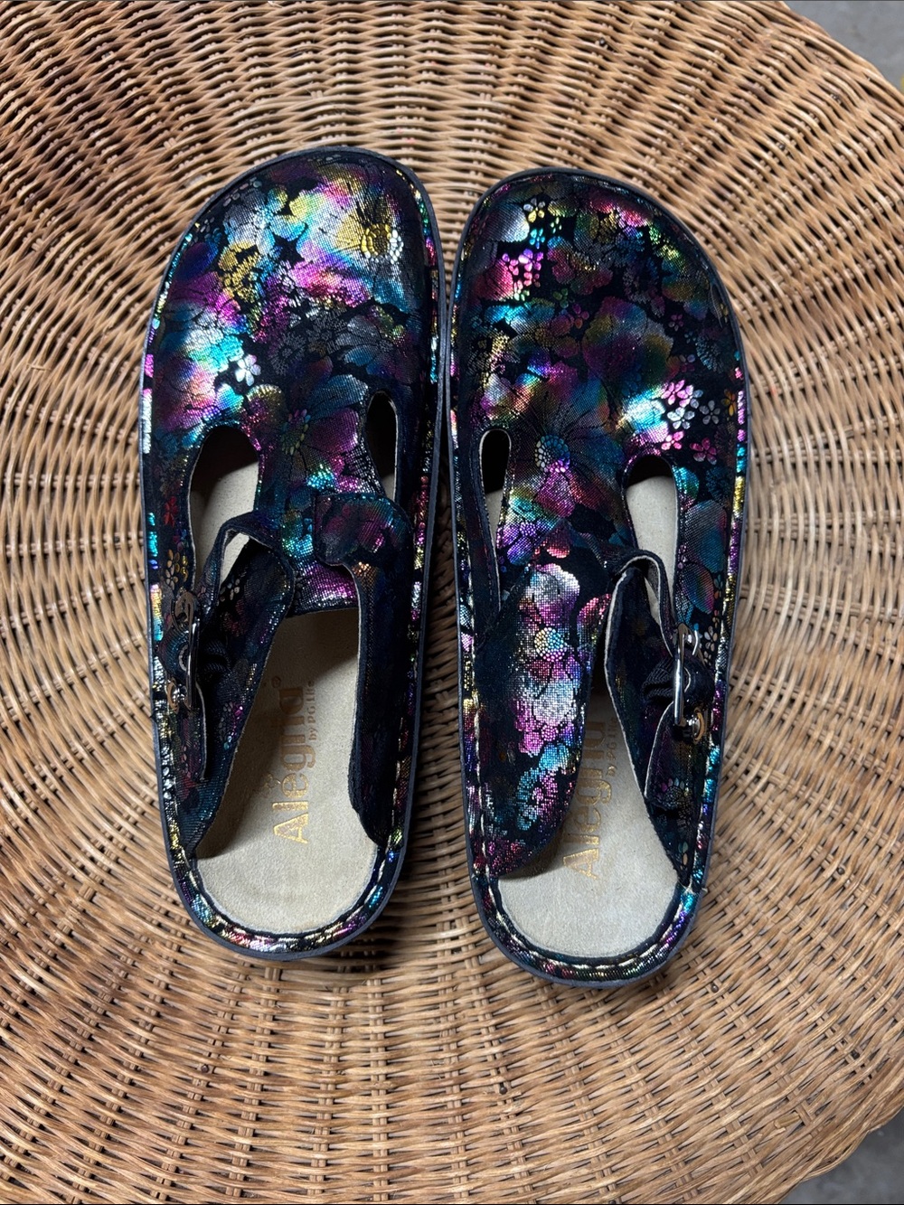 WomansFloral Metallic Mary Jane Clogs - Black Multicolor